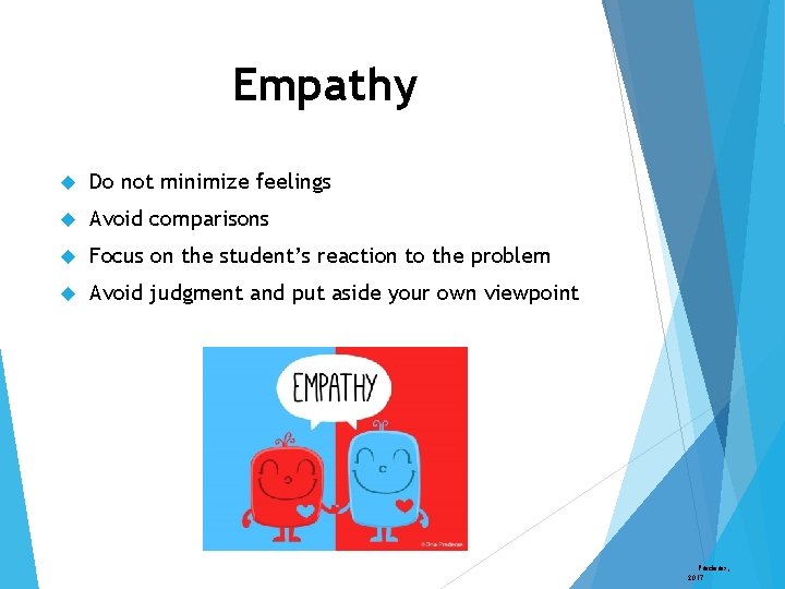 Empathy Do not minimize feelings Avoid comparisons Focus on the student’s reaction to the