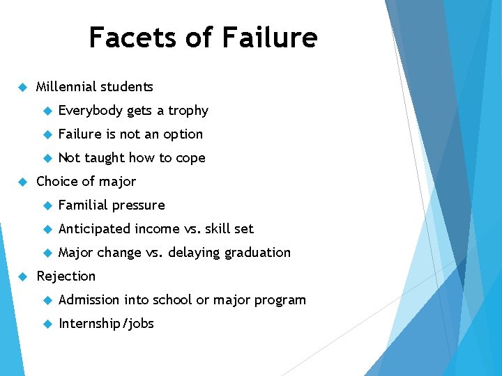 Facets of Failure Millennial students Everybody gets a trophy Failure is not an option