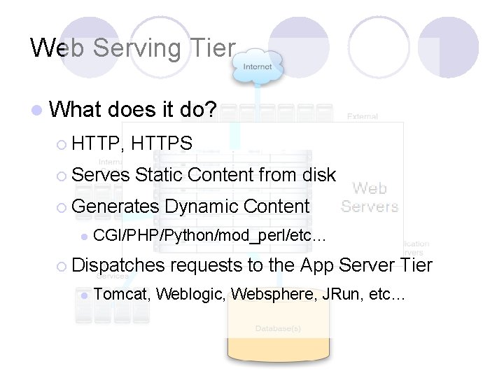 Web Serving Tier l What does it do? ¡ HTTP, ¡ Serves HTTPS Static