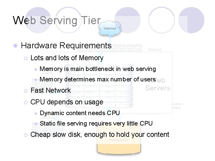 Web Serving Tier l Hardware Requirements ¡ Lots and lots of Memory l Memory