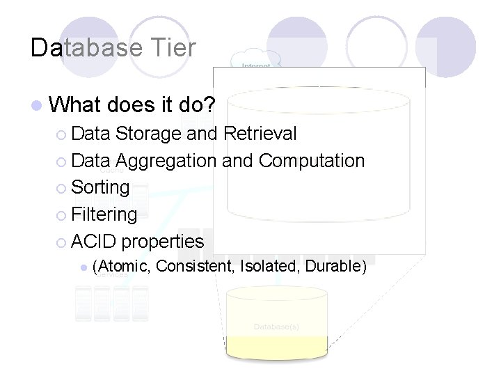 Database Tier l What does it do? ¡ Data Storage and Retrieval ¡ Data