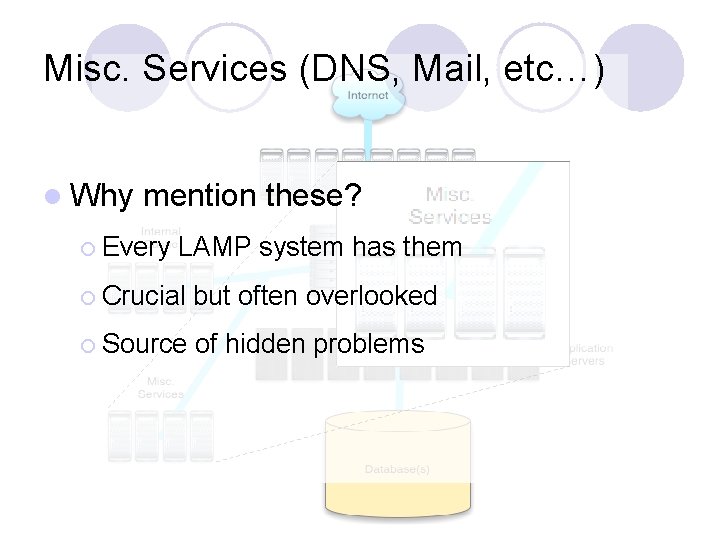 Misc. Services (DNS, Mail, etc…) l Why mention these? ¡ Every LAMP system has