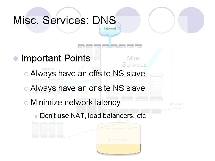 Misc. Services: DNS l Important Points ¡ Always have an offsite NS slave ¡