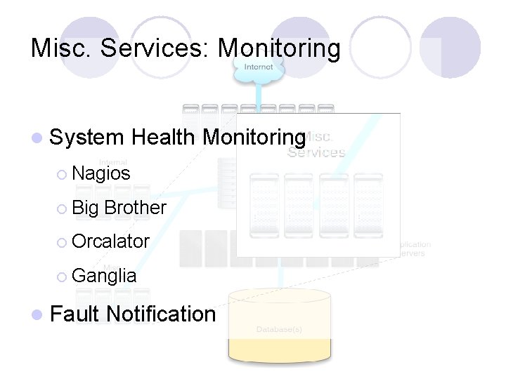 Misc. Services: Monitoring l System Health Monitoring ¡ Nagios ¡ Big Brother ¡ Orcalator