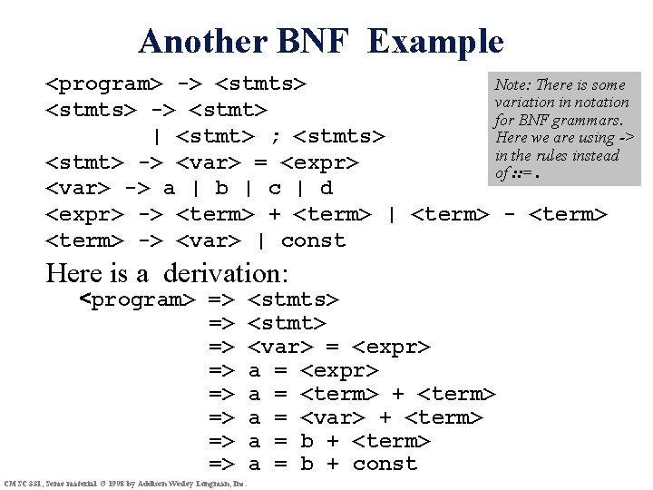 Another BNF Example Note: There is some <program> -> <stmts> variation in notation <stmts>