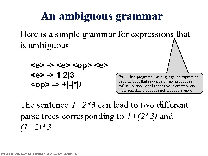 An ambiguous grammar Here is a simple grammar for expressions that is ambiguous <e>