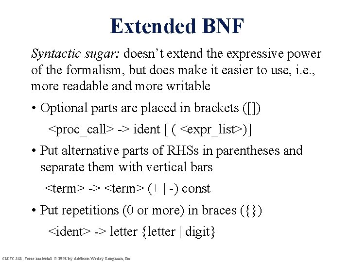 Extended BNF Syntactic sugar: doesn’t extend the expressive power of the formalism, but does