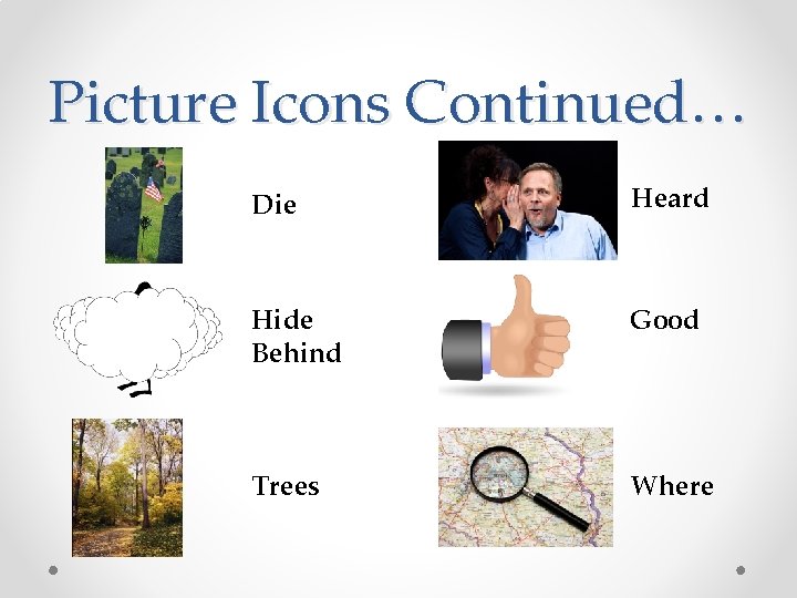 Picture Icons Continued… Die Heard Hide Behind Good Trees Where 