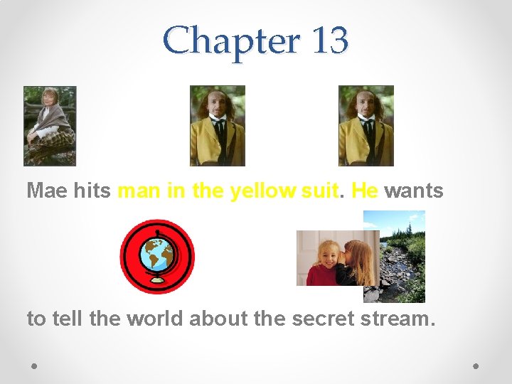 Chapter 13 Mae hits man in the yellow suit. He wants to tell the