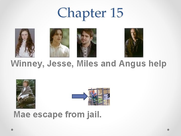 Chapter 15 Winney, Jesse, Miles and Angus help Mae escape from jail. 