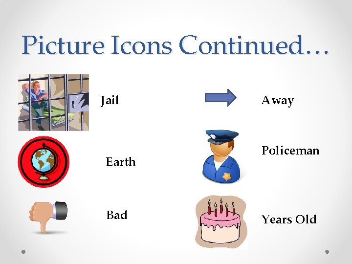 Picture Icons Continued… Jail Earth Bad Away Policeman Years Old 