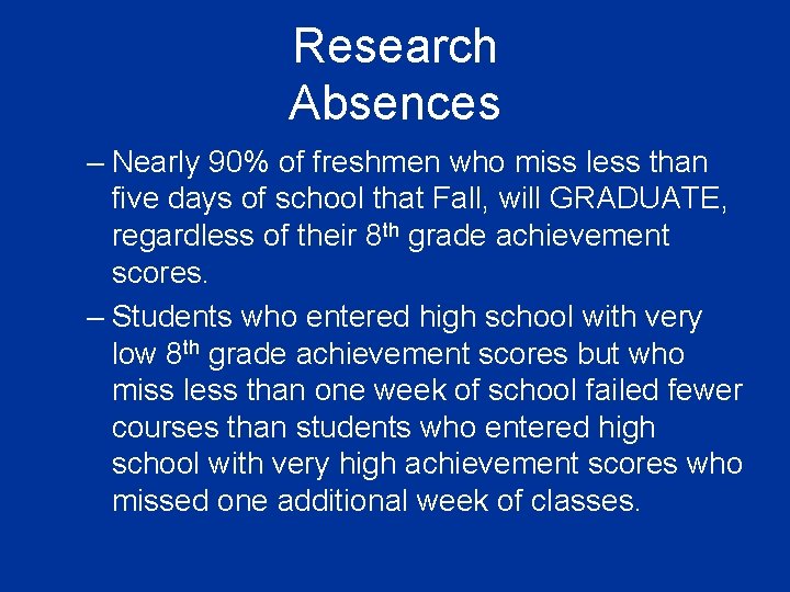 Research Absences – Nearly 90% of freshmen who miss less than five days of