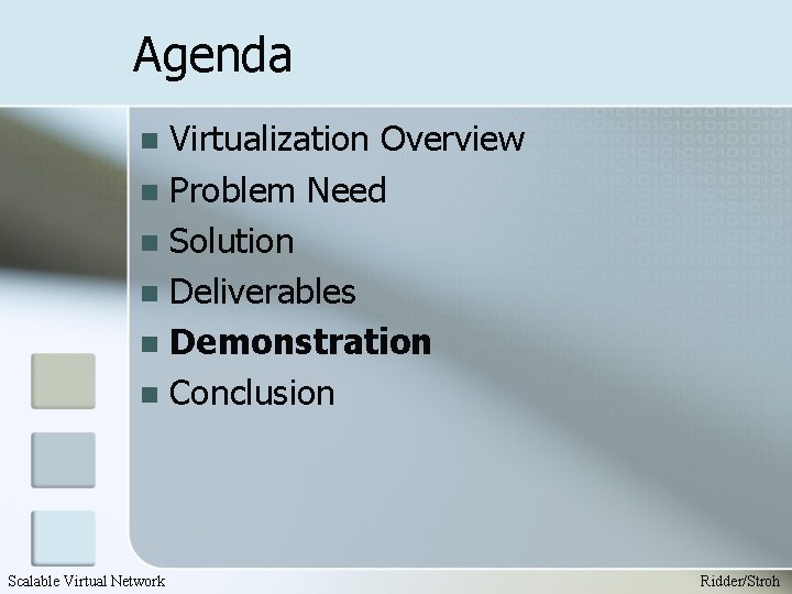 Agenda Virtualization Overview n Problem Need n Solution n Deliverables n Demonstration n Conclusion