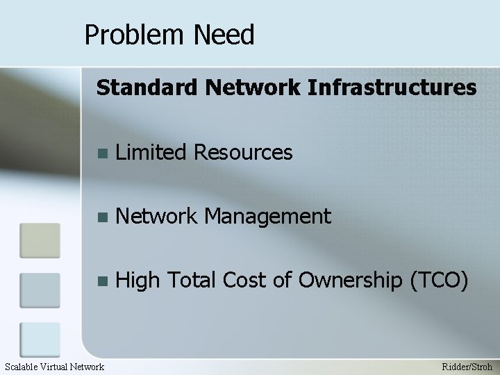 Problem Need Standard Network Infrastructures n Limited Resources n Network Management n High Total