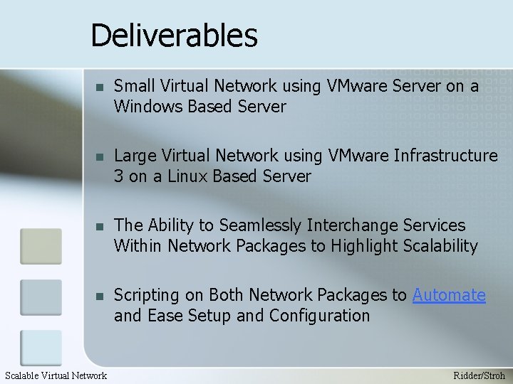 Deliverables n Small Virtual Network using VMware Server on a Windows Based Server n