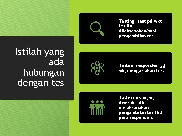 Testing: saat pd wkt tes itu dilaksanakan/saat pengambilan tes. Istilah yang ada hubungan dengan