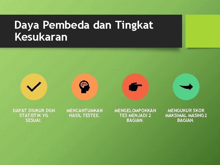 Daya Pembeda dan Tingkat Kesukaran DAPAT DIUKUR DGN STATISTIK YG SESUAI. MENCANTUMKAN HASIL TESTEE.