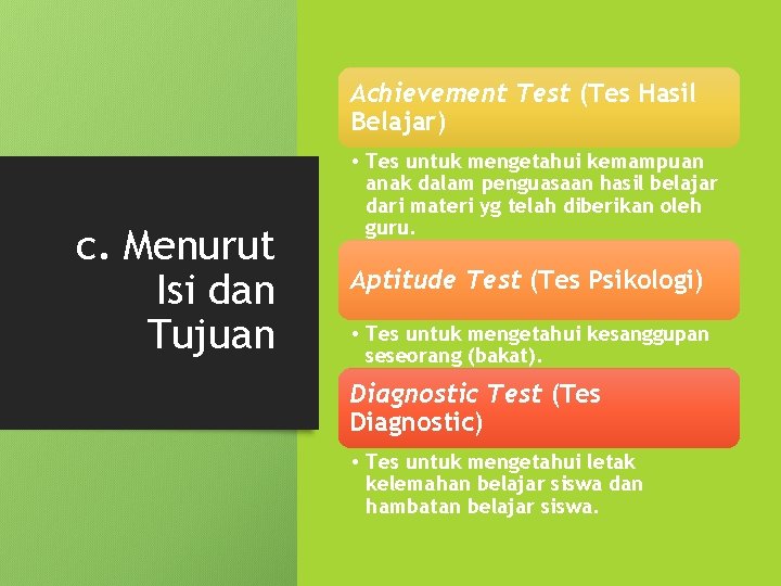 Achievement Test (Tes Hasil Belajar) c. Menurut Isi dan Tujuan • Tes untuk mengetahui