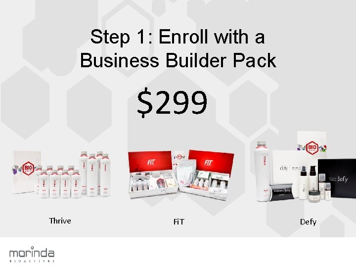Step 1: Enroll with a Business Builder Pack $299 Thrive Fi. T Defy 