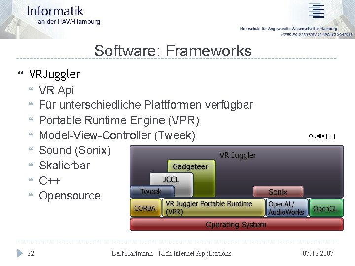 Software: Frameworks VRJuggler VR Api Für unterschiedliche Plattformen verfügbar Portable Runtime Engine (VPR) Model-View-Controller