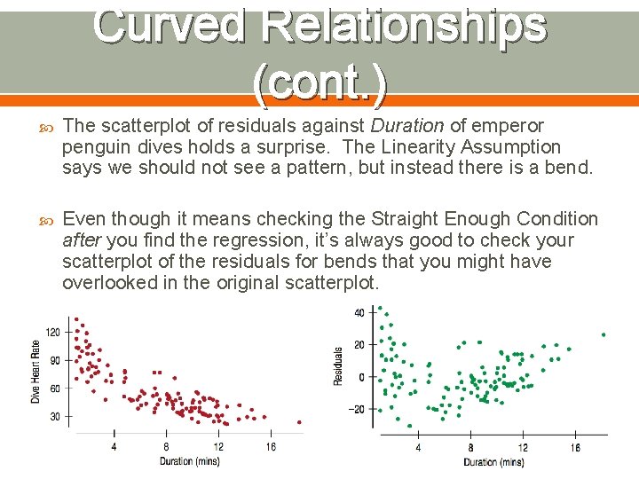 Curved Relationships (cont. ) The scatterplot of residuals against Duration of emperor penguin dives