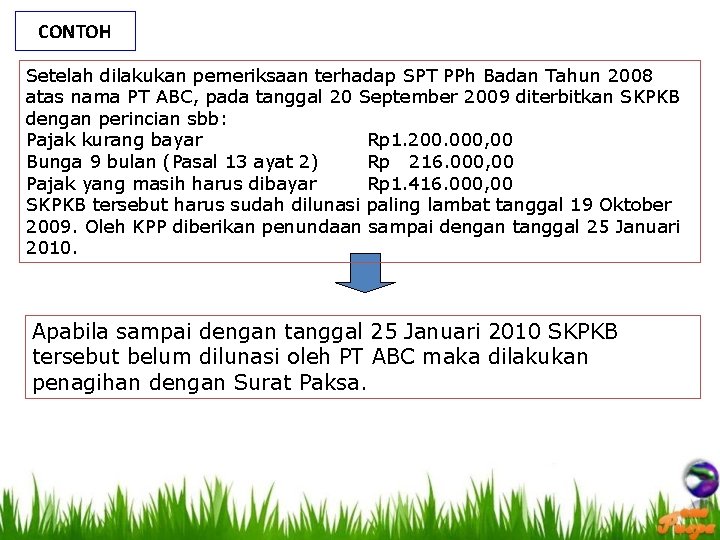 CONTOH Setelah dilakukan pemeriksaan terhadap SPT PPh Badan Tahun 2008 atas nama PT ABC,