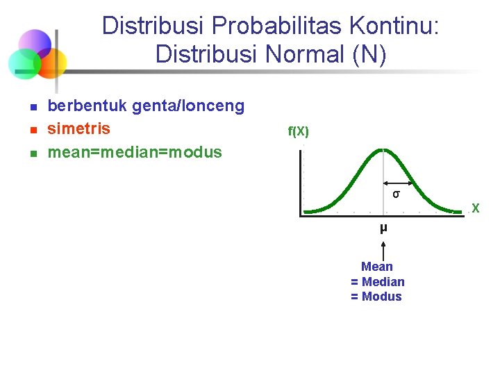 Distribusi Probabilitas Kontinu: Distribusi Normal (N) ‘berbentuk genta/lonceng n simetris n mean=median=modus n f(X)