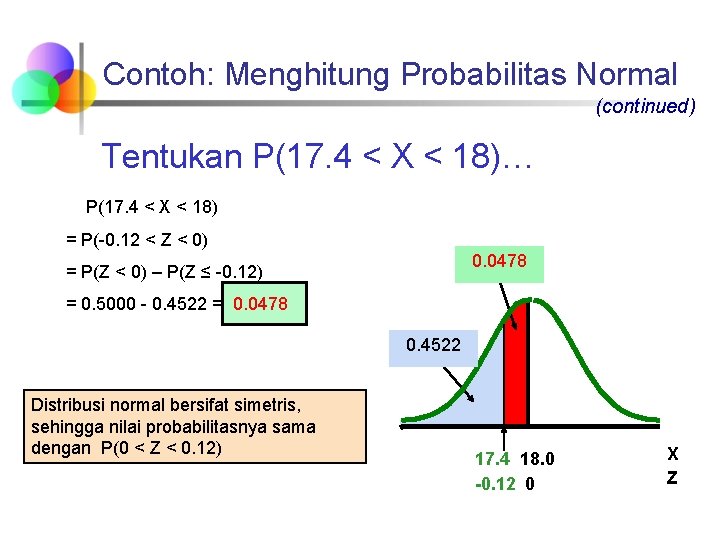 Contoh: Menghitung Probabilitas Normal (continued) Tentukan P(17. 4 < X < 18)… P(17. 4