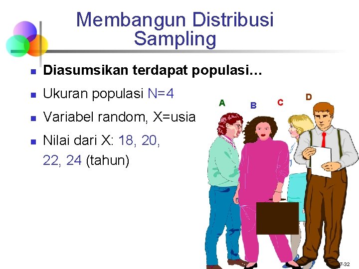 Membangun Distribusi Sampling n Diasumsikan terdapat populasi… n Ukuran populasi N=4 n n Variabel