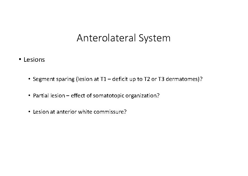 Anterolateral System • Lesions • Segment sparing (lesion at T 1 – deficit up
