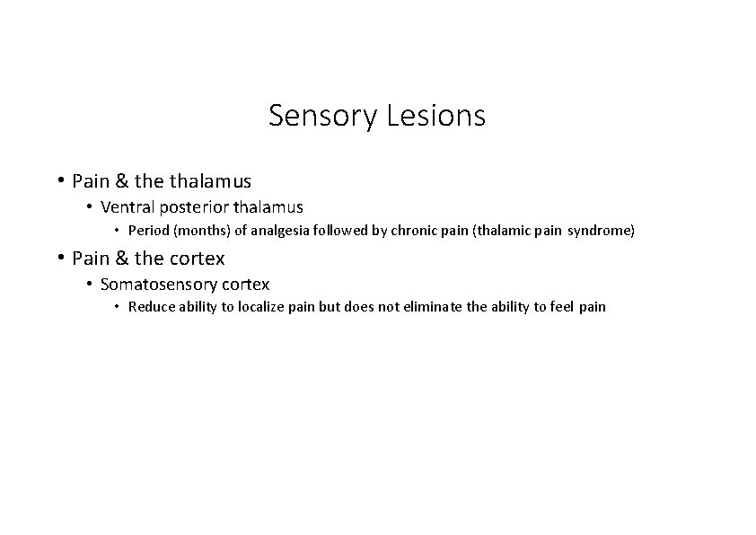 Sensory Lesions • Pain & the thalamus • Ventral posterior thalamus • Period (months)