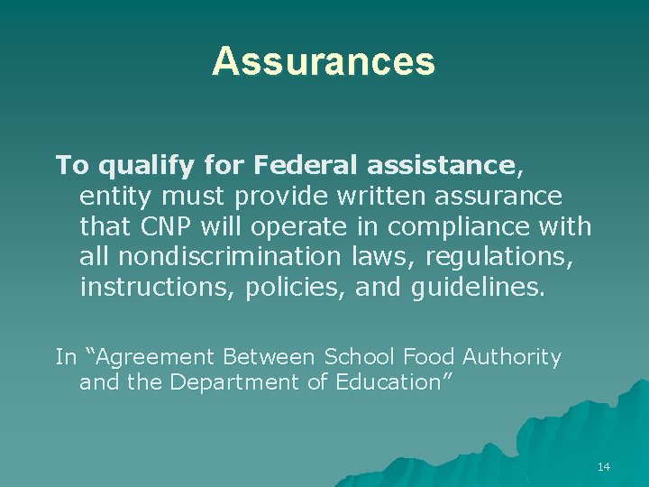 Assurances To qualify for Federal assistance, entity must provide written assurance that CNP will