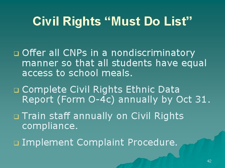 Civil Rights “Must Do List” q q Offer all CNPs in a nondiscriminatory manner
