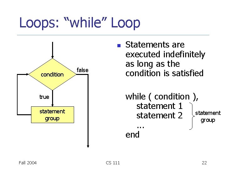 Loops: “while” Loop n condition false while ( condition ), statement 1 statement 2