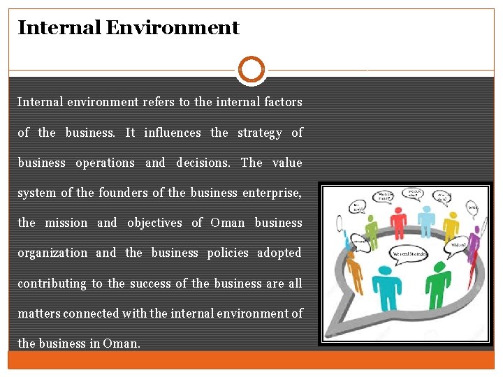 Internal Environment Internal environment refers to the internal factors of the business. It influences