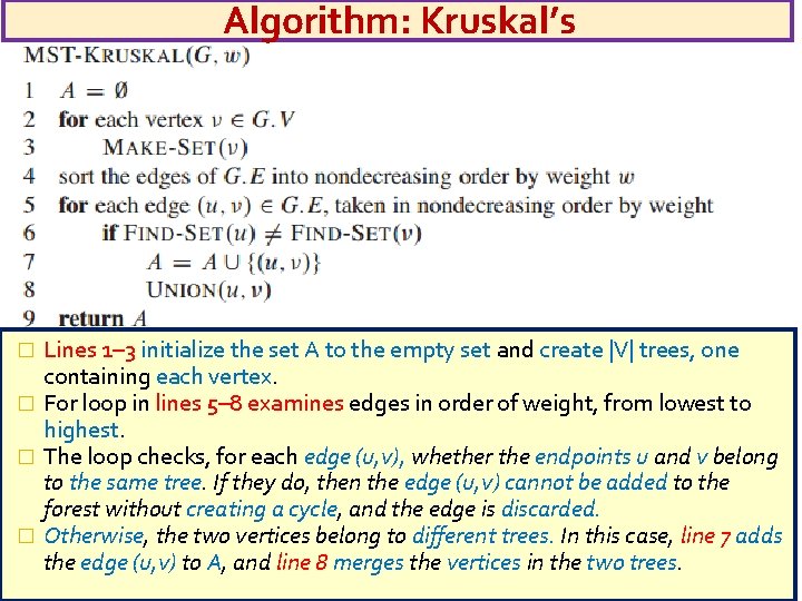 Algorithm: Kruskal’s Lines 1– 3 initialize the set A to the empty set and