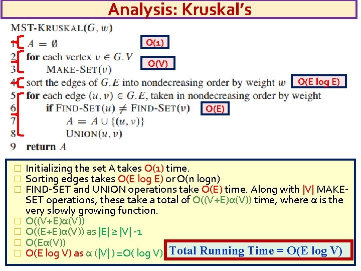 Analysis: Kruskal’s O(1) O(V) O(E log E) O(E) � � � � Initializing the