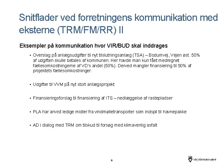 Snitflader ved forretningens kommunikation med eksterne (TRM/FM/RR) II Eksempler på kommunikation hvor VIR/BUD skal