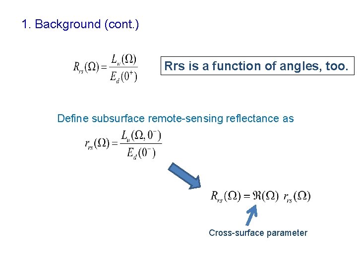 1. Background (cont. ) Rrs is a function of angles, too. Define subsurface remote-sensing