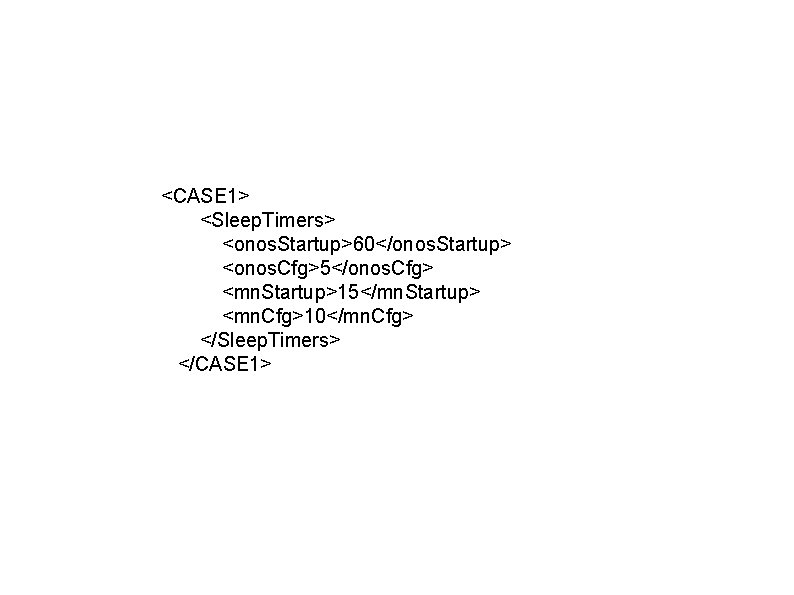 <CASE 1> <Sleep. Timers> <onos. Startup>60</onos. Startup> <onos. Cfg>5</onos. Cfg> <mn. Startup>15</mn. Startup> <mn.