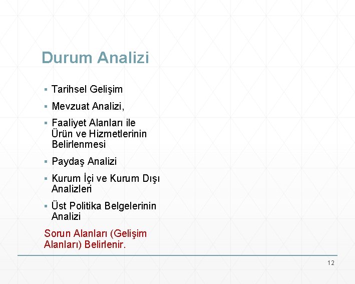 Durum Analizi ▪ Tarihsel Gelişim ▪ Mevzuat Analizi, ▪ Faaliyet Alanları ile Ürün ve