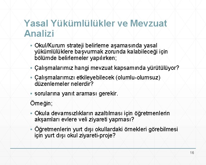 Yasal Yükümlülükler ve Mevzuat Analizi ▪ Okul/Kurum strateji belirleme aşamasında yasal yükümlülüklere başvurmak zorunda