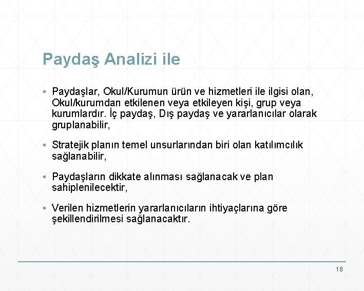 Paydaş Analizi ile ▪ Paydaşlar, Okul/Kurumun ürün ve hizmetleri ile ilgisi olan, Okul/kurumdan etkilenen