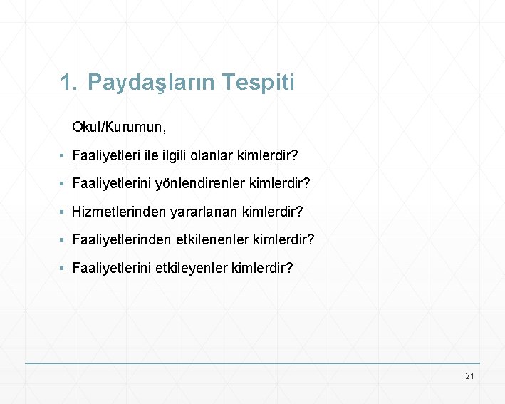 1. Paydaşların Tespiti Okul/Kurumun, ▪ Faaliyetleri ile ilgili olanlar kimlerdir? ▪ Faaliyetlerini yönlendirenler kimlerdir?