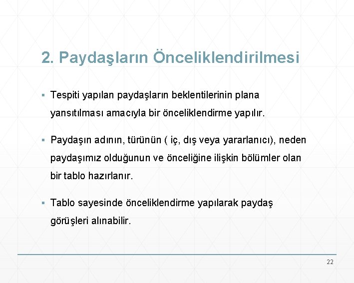 2. Paydaşların Önceliklendirilmesi ▪ Tespiti yapılan paydaşların beklentilerinin plana yansıtılması amacıyla bir önceliklendirme yapılır.