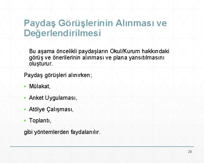 Paydaş Görüşlerinin Alınması ve Değerlendirilmesi Bu aşama öncelikli paydaşların Okul/Kurum hakkındaki görüş ve önerilerinin