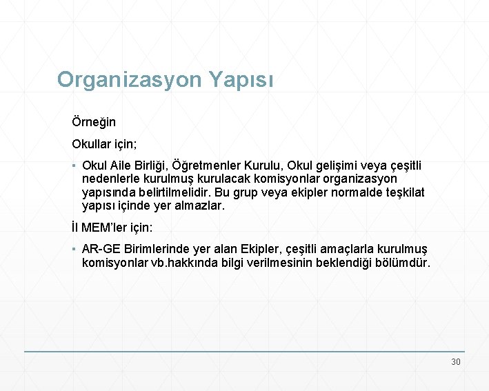 Organizasyon Yapısı Örneğin Okullar için; ▪ Okul Aile Birliği, Öğretmenler Kurulu, Okul gelişimi veya