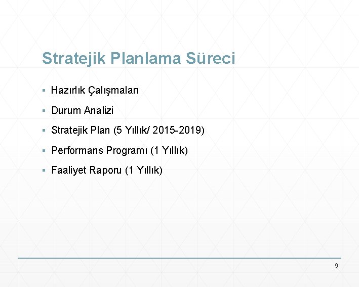 Stratejik Planlama Süreci ▪ Hazırlık Çalışmaları ▪ Durum Analizi ▪ Stratejik Plan (5 Yıllık/