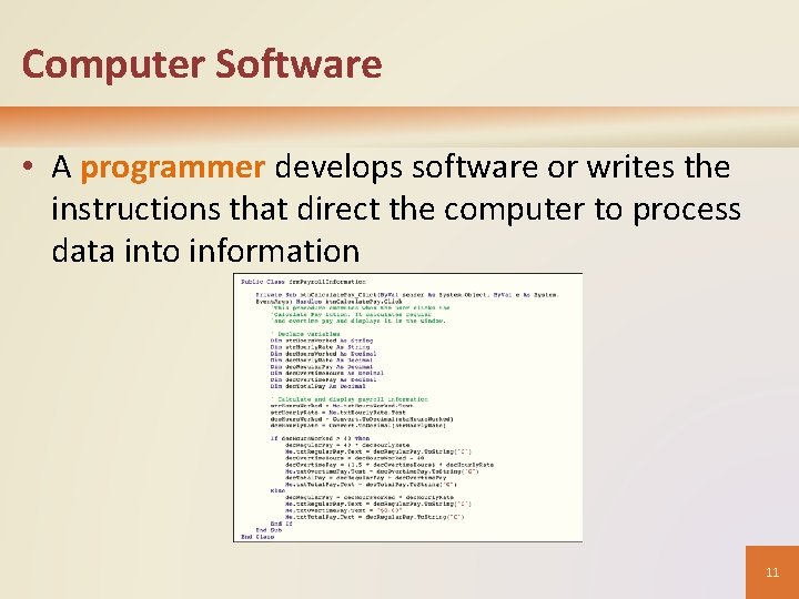 Computer Software • A programmer develops software or writes the instructions that direct the Computer Software • A programmer develops software or writes the instructions that direct the
