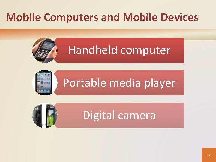 Mobile Computers and Mobile Devices Handheld computer Portable media player Digital camera 16 Mobile Computers and Mobile Devices Handheld computer Portable media player Digital camera 16